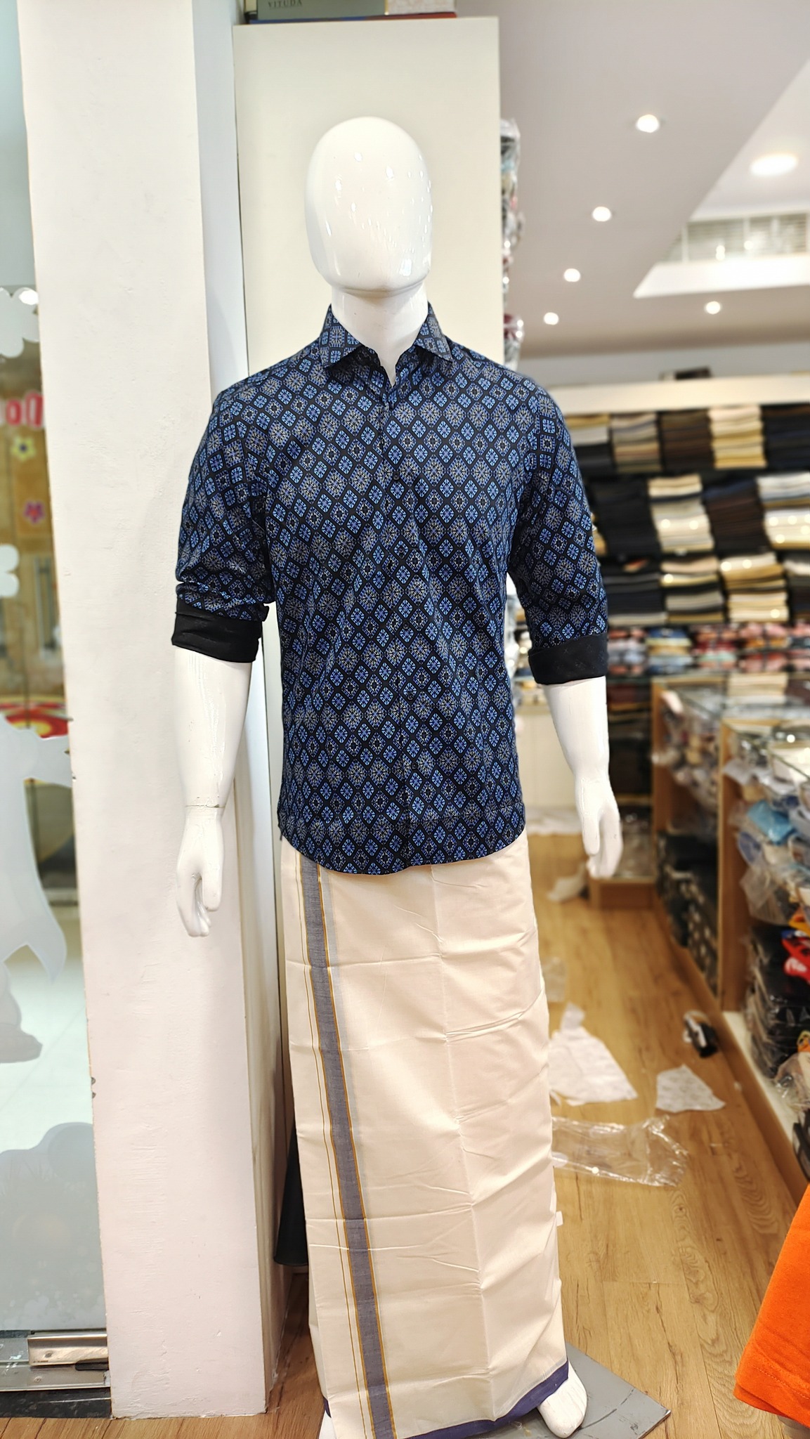 Onam Special Printed Cotton Shirt- Blue